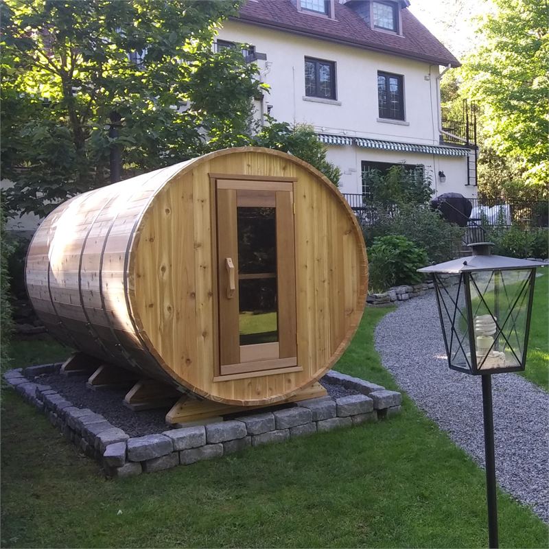 Sauna tonneau 7 × 12 pi avec vestiaire de 4 pi
