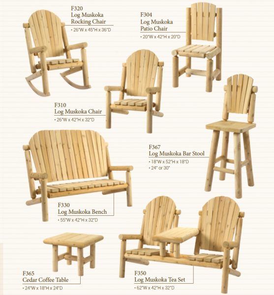 Catalogue de mobilier en cèdre : chaises Muskoka en rondins, berçante, banc et ensemble à thé