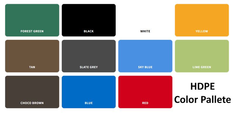 Palette de couleurs PEHD : vert forêt, noir, blanc, jaune, beige, gris ardoise, bleu ciel, vert lime, brun chocolat, bleu et rouge