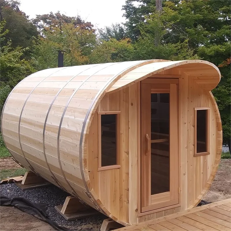 Cedar sauna with a sheltered porch and glass door