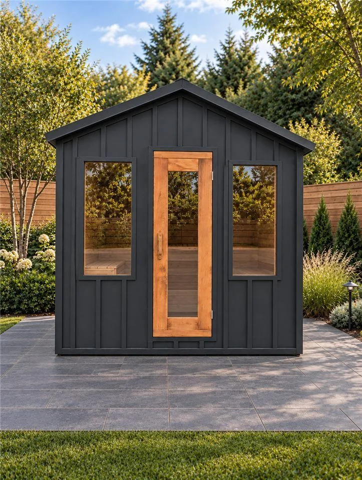Front view with natural cedar door and tall windows.