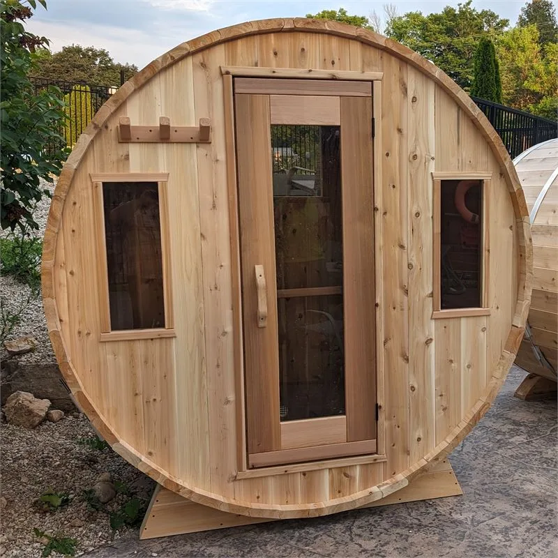 Compact barrel sauna with glass door and front windows
